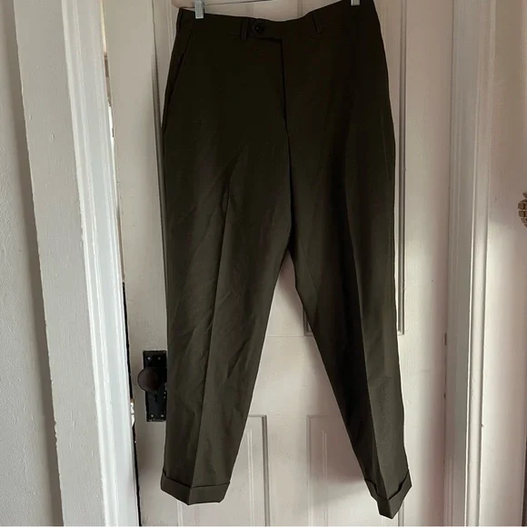 slim fit dress slacks Forest Green Flat Front Pure Wool Dress Pants